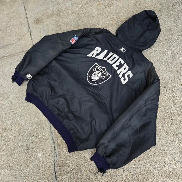 Vtg 90s STARTER Oakland Raiders Logo Distressed NFL Hooded Puffer Jacket XL - Picture 2 of 8